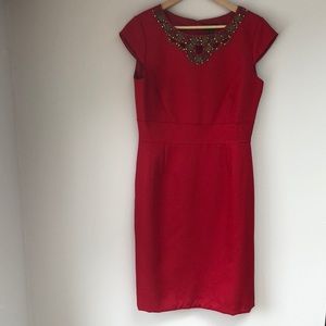 Tahari Size 8 Red Tweed Beaded Cutout Dress NWT